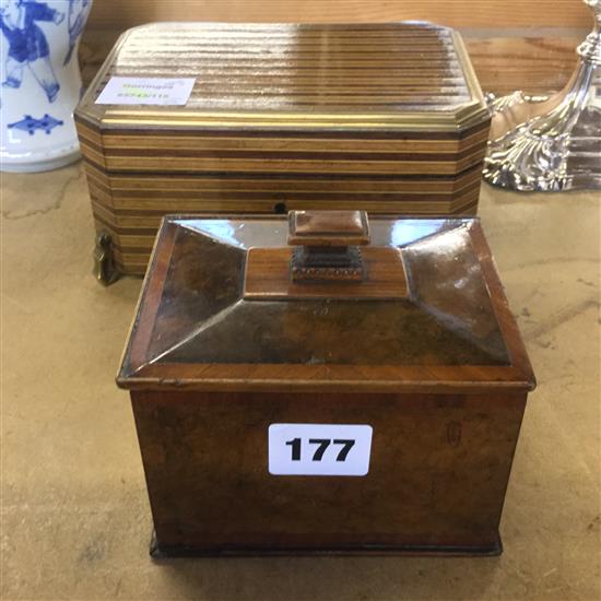 French banded marquetry jewellery box & a burr wood tea caddy